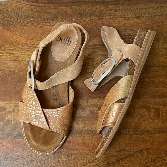 Sofft Brown Leather Cross-Strap Sandals - Picture 1 of 10